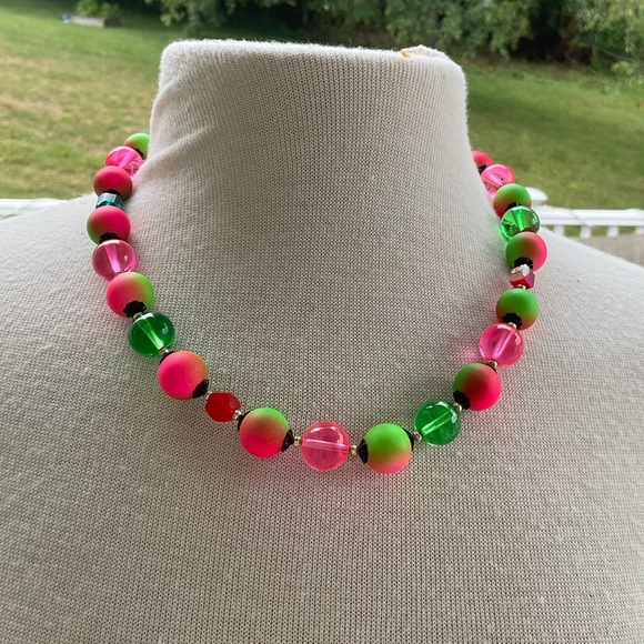 Vintage Neon Pink Lime Green Beaded Necklace - Picture 1 of 5
